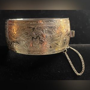 Wide Cuff Hinge Bangle with Safety Chain